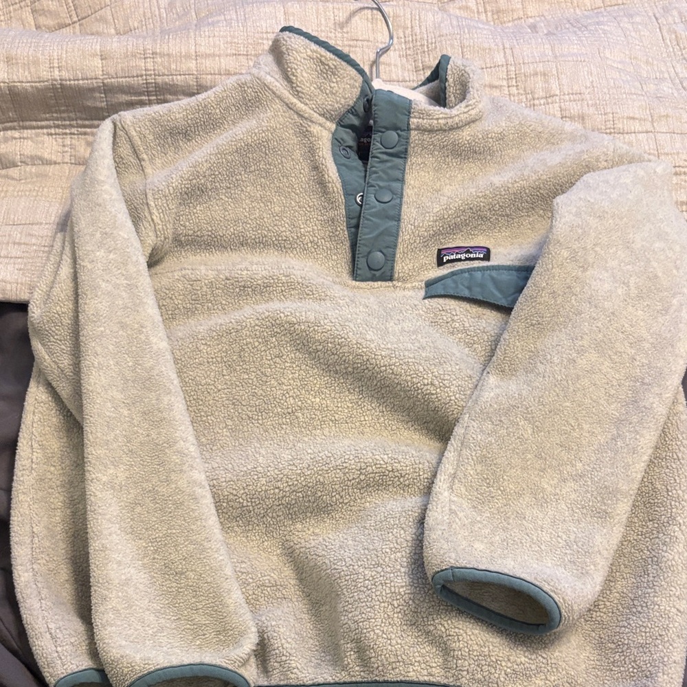 Patagonia Beige and Teal Fleece sweater